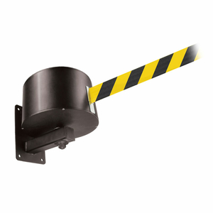 WALLPRO 750 RETRACTING BELT BARRIER, WALL MOUNTED, BLACK HOUSING, YELLOW/BLACK BELT, 75' L by Queue Solutions LLC