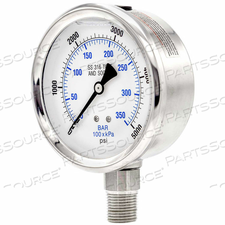 Bottom Mount Glycerine Filled Pressure Gauge with a Stainless Steel Case and Internals Stainless Steel Bezel and Polycarbonate Lens 1/2 Male NPT Connection Size PIC Gauges 0/2000 psi Range PIC Gauge 301L-402O 4 Dial 1/2 Male NPT Connection Size 