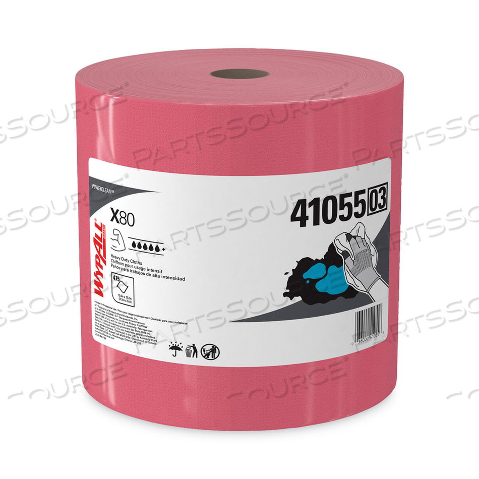 POWER CLEAN X80 HEAVY DUTY CLOTHS, JUMBO ROLL, 12.4 X 12.2, RED, 475 WIPERS/ROLL by WypAll