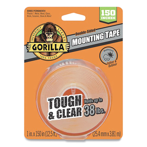 TOUGH & CLEAR DOUBLE-SIDED MOUNTING TAPE, PERMANENT, HOLDS UP TO 0.25 LB PER INCH, 1" X 12.5 FT, CLEAR by Gorilla Glue TOUGH & CLEAR DOUBLE-SIDED MOUNTING TAPE, PERMANENT, HOLDS UP TO 0.25 LB PER INCH, 1" X 12.5 FT, CLEAR by Gorilla Glue