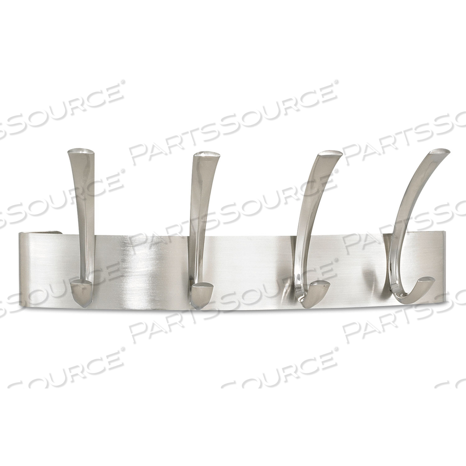 METAL COAT RACK, WALL RACK, FOUR HOOKS, STEEL, 14.25W X 4.5D X 5.25H, BRUSHED NICKEL by Safco METAL COAT RACK, WALL RACK, FOUR HOOKS, STEEL, 14.25W X 4.5D X 5.25H, BRUSHED NICKEL by Safco