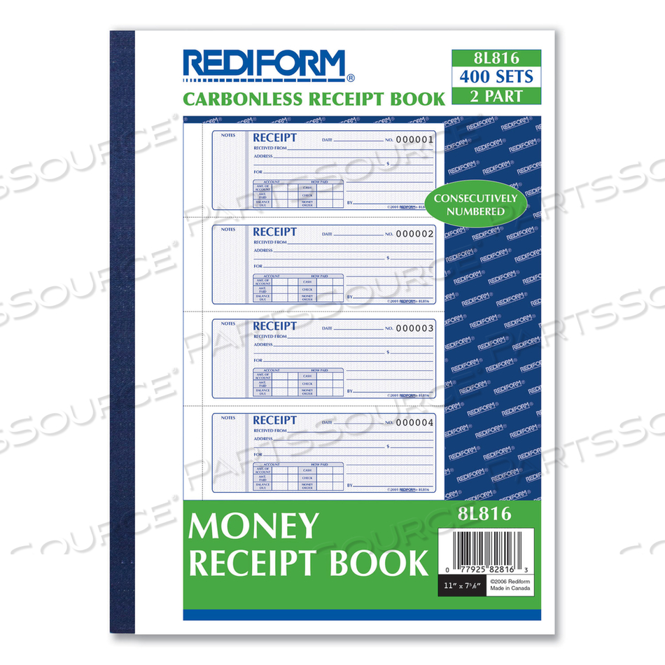 RECEIPT BOOK, TWO-PART CARBONLESS, 7 X 2.75, 4 FORMS/SHEET, 400 FORMS TOTAL by Rediform RECEIPT BOOK, TWO-PART CARBONLESS, 7 X 2.75, 4 FORMS/SHEET, 400 FORMS TOTAL by Rediform