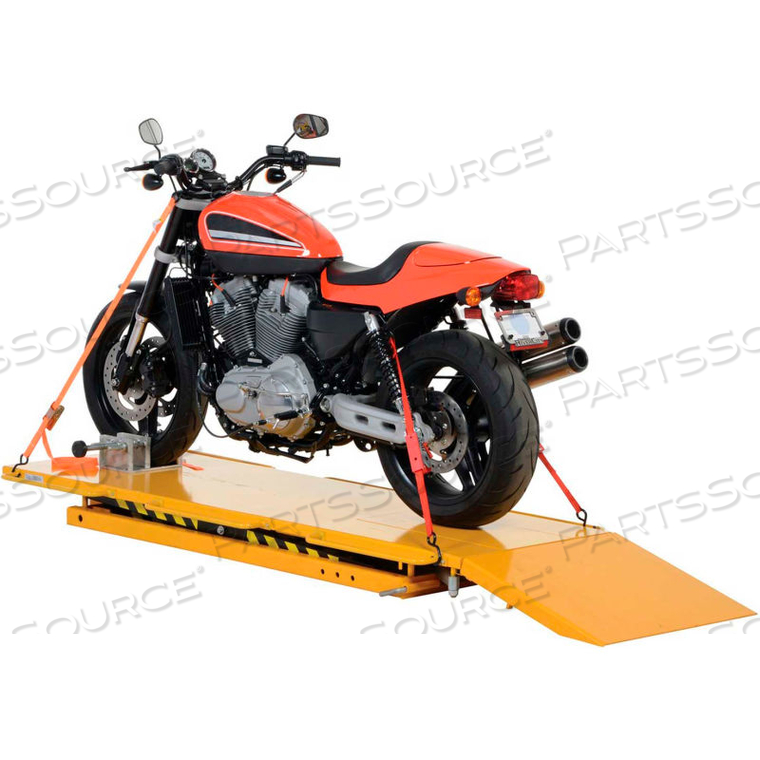 HYDRAULIC MOTORCYCLE LIFT TABLE, TIRE CRADLE & RAMP - 1100 LB. CAPACITY by Vestil Manufacturing Corp. HYDRAULIC MOTORCYCLE LIFT TABLE, TIRE CRADLE & RAMP - 1100 LB. CAPACITY by Vestil Manufacturing Corp.