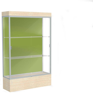 EDGE LIGHTED FLOOR CASE, PALE GREEN BACK, SATIN FRAME, 12" CHARDONNAY BASE, 48"W X 76"H X 20"D by Waddell Display