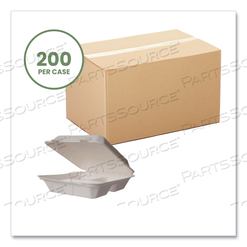 WHITE MOLDED FIBER CLAMSHELL CONTAINERS, 3-COMPARTMENT, 9 X 18 X 2, WHITE, SUGARCANE by Vegware WHITE MOLDED FIBER CLAMSHELL CONTAINERS, 3-COMPARTMENT, 9 X 18 X 2, WHITE, SUGARCANE by Vegware