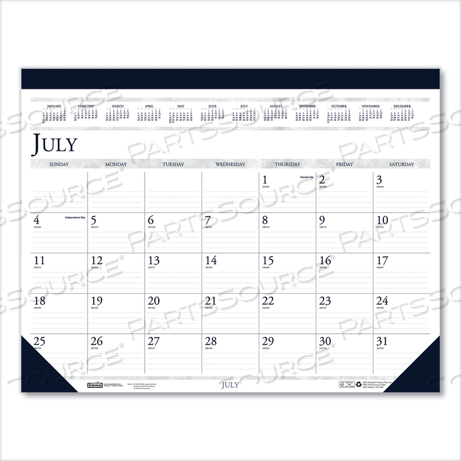 RECYCLED ACADEMIC DESK PAD CALENDAR, 22 X 17, WHITE/BLUE SHEETS, BLUE BINDING/CORNERS, 14-MONTH (JULY TO AUG): 2022 TO 2023 
