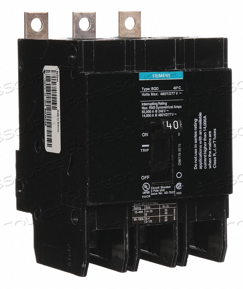 CIRCUIT BREAKER 40A BOLT ON 480V 3P by Siemens CIRCUIT BREAKER 40A BOLT ON 480V 3P by Siemens