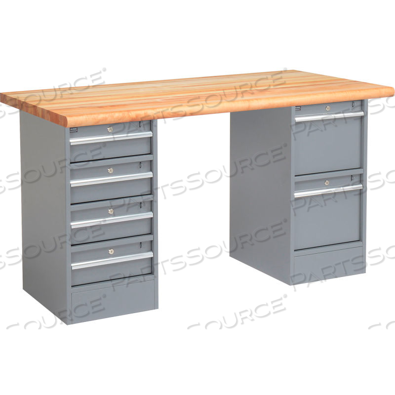 72 X 30 PEDESTAL WORKBENCH - 6 DRAWERS, MAPLE BLOCK SAFETY EDGE - GRAY 