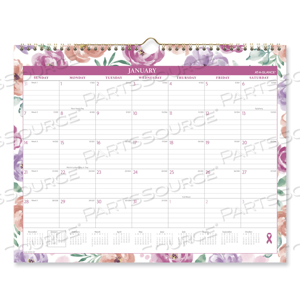 BADGE FLORAL WALL CALENDAR, FLORAL ARTWORK, 15 X 12, WHITE/MULTICOLOR SHEETS, 12-MONTH (JAN TO DEC): 2024 