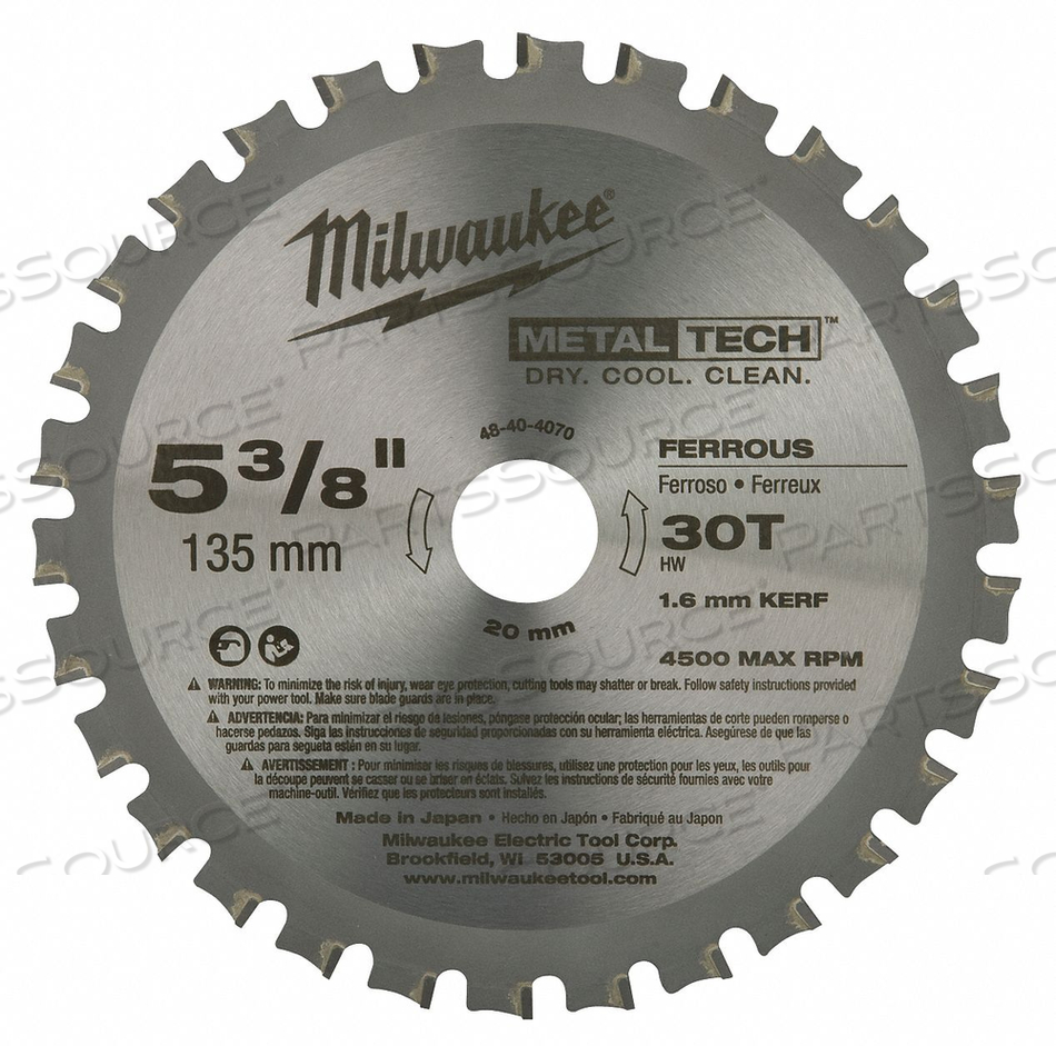 BLADE, CIRCULAR SAW, 30 TEETH, 20MM ARBOR, STEEL, 5-3/8 IN. DIA. by Milwaukee Electric Tools BLADE, CIRCULAR SAW, 30 TEETH, 20MM ARBOR, STEEL, 5-3/8 IN. DIA. by Milwaukee Electric Tools