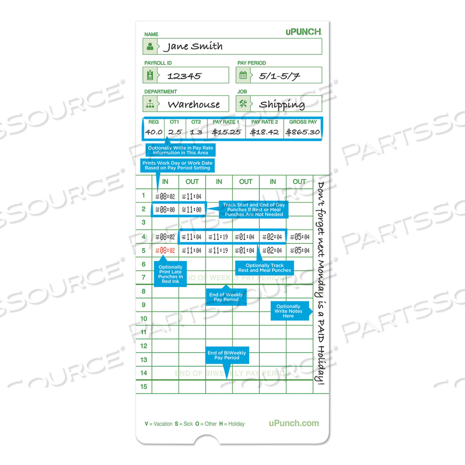 TIME CLOCK CARDS FOR UPUNCH HN1000/HN3000/HN3600, TWO SIDES, 7.5 X 3.5 by uPunch