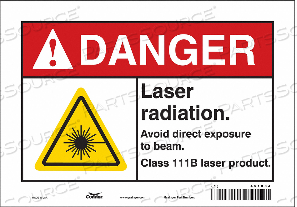 SAFETY SIGN, VERTICAL RECTANGLE, NUMBER OF PRINTED SIDES 1, ENGLISH, SIGN FORMAT ANSI/OSHA FORMAT, SIGN LEGEND LASER RADIATION. AVOID DIRECT by Condor