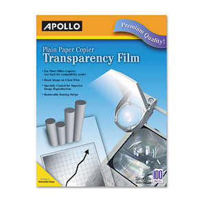 PLAIN PAPER LASER TRANSPARENCY FILM WITH HANDLING STRIP, 8.5 X 11, BLACK ON CLEAR, 100/BOX by Apollo Audio Visual