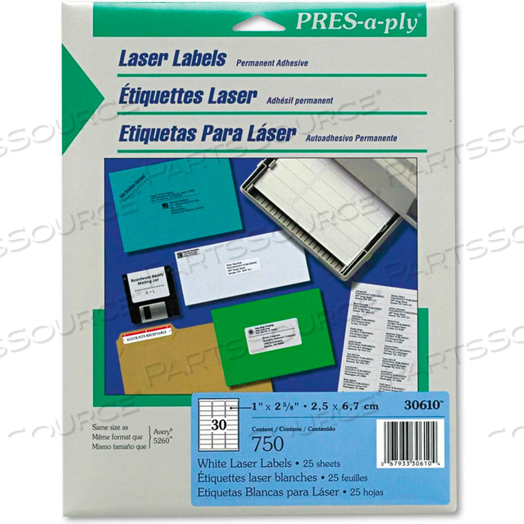 PRES-A-PLY LASER ADDRESS LABELS, 1 X 2-5/8, WHITE, 750/PACK 