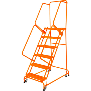 PERFORATED 24"W 6 STEP STEEL ROLLING LADDER 14"D TOP STEP W/HANDRAILS LOCK STEP ORANGE by Ballymore