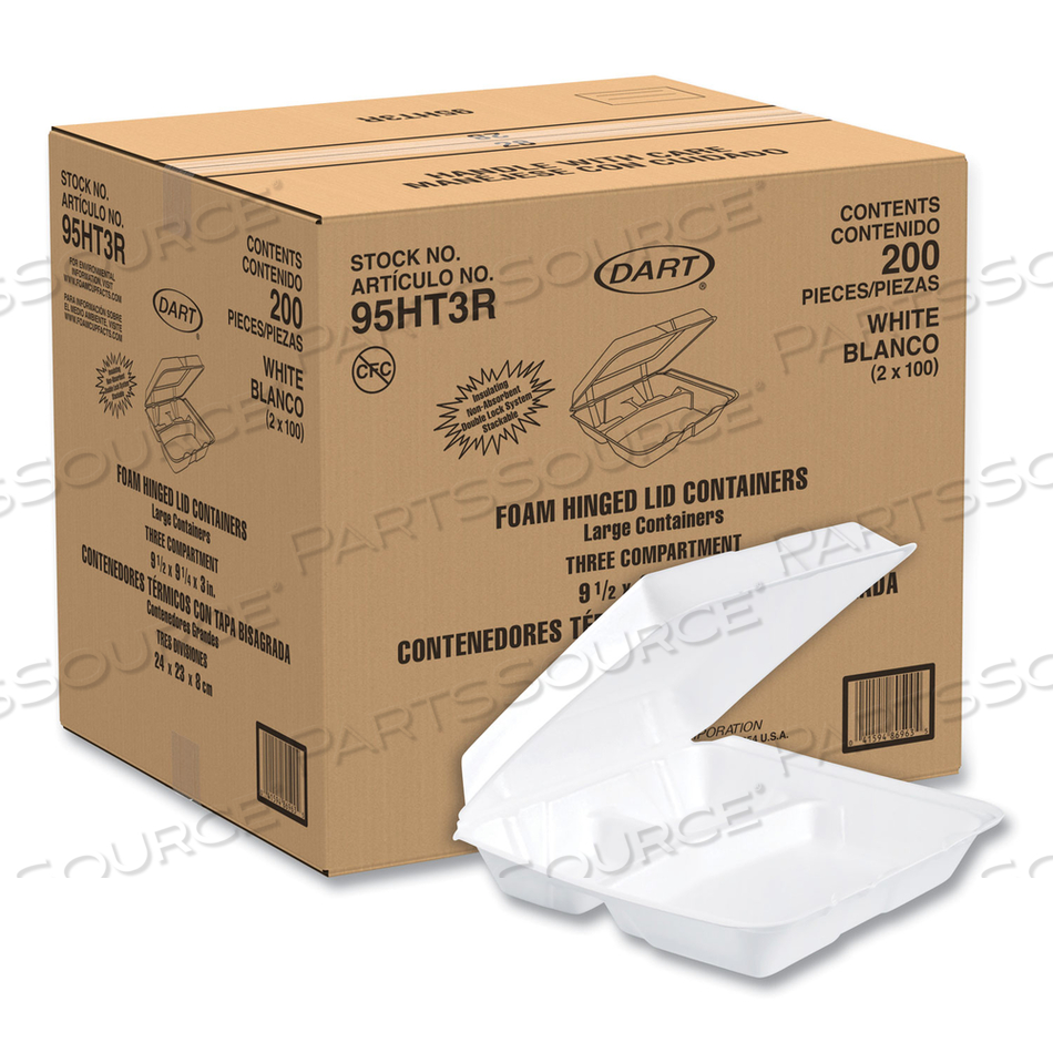 FOAM HINGED LID CONTAINERS, 3-COMPARTMENT, 9.25 X 9.5 X 3, WHITE by Dart Container Corporation