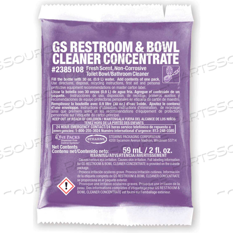 GS RESTROOM & BOWL CLEANER CONCENTRATE - 2 OZ PACKS, 72 PACKS/CASE by Stearns Packaging Corporation GS RESTROOM & BOWL CLEANER CONCENTRATE - 2 OZ PACKS, 72 PACKS/CASE by Stearns Packaging Corporation