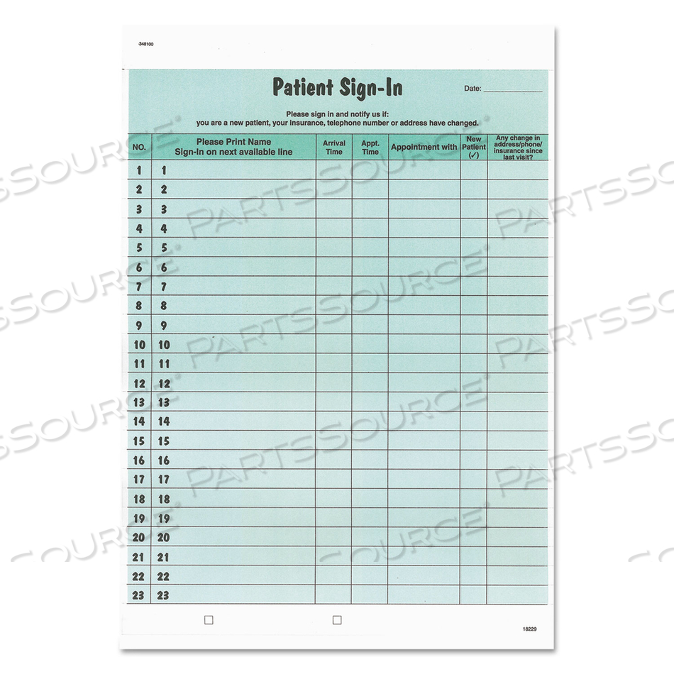 PATIENT SIGN-IN LABEL FORMS, TWO-PART CARBON, 8.5 X 11.63, GREEN SHEETS, 125 FORMS TOTAL by Tabbies PATIENT SIGN-IN LABEL FORMS, TWO-PART CARBON, 8.5 X 11.63, GREEN SHEETS, 125 FORMS TOTAL by Tabbies
