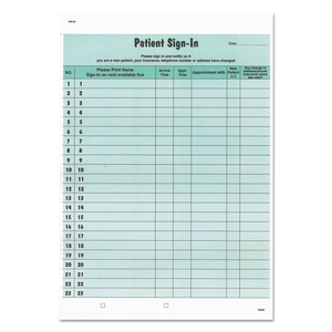 PATIENT SIGN-IN LABEL FORMS, TWO-PART CARBON, 8.5 X 11.63, GREEN SHEETS, 125 FORMS TOTAL by Tabbies PATIENT SIGN-IN LABEL FORMS, TWO-PART CARBON, 8.5 X 11.63, GREEN SHEETS, 125 FORMS TOTAL by Tabbies