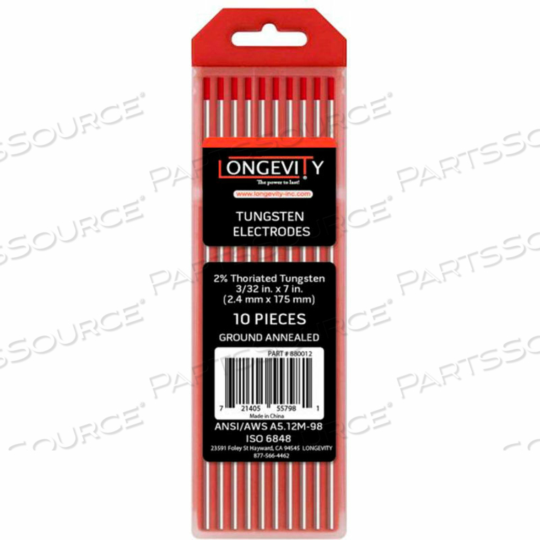 2% THORIATED RED TUNGSTEN, 3/32 X 7 TIG TUNGSTEN, 10 PC. CONSUMABLES by Longevity, LLC