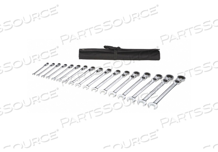 COMBINATION WRENCH SET, ALLOY STEEL, CHROME, NUMBER OF TOOLS 17, RANGE OF HEAD SIZES 8 MM TO 25 MM, HEAD OFFSET ANGLE 0 DEGREES , FLEXIBLE,  by Westward