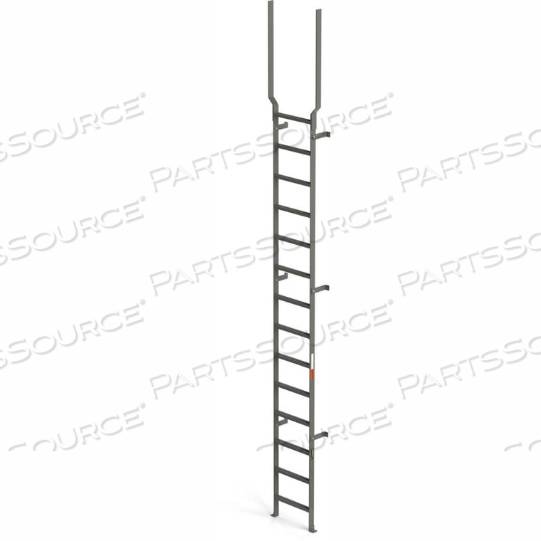 STEEL VERTICAL WALL MOUNT LADDER W/ RAIL EXTENSIONS, 14 STEP GRAY 