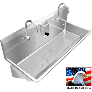 STAINLESS STEEL SINK, 2 STATION W/ELECTRONIC FAUCETS, WALL MOUNTED 42" L X 20" W X 8" D by Best Sheet Metal, Inc.