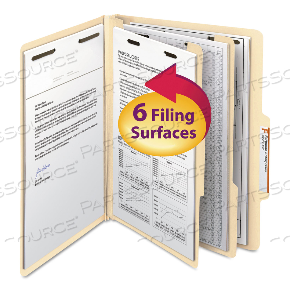 SIX-SECTION TOP TAB CLASSIFICATION FOLDERS, 2" EXPANSION, 2 DIVIDERS, 6 FASTENERS, LETTER SIZE, MANILA, 10/BOX 