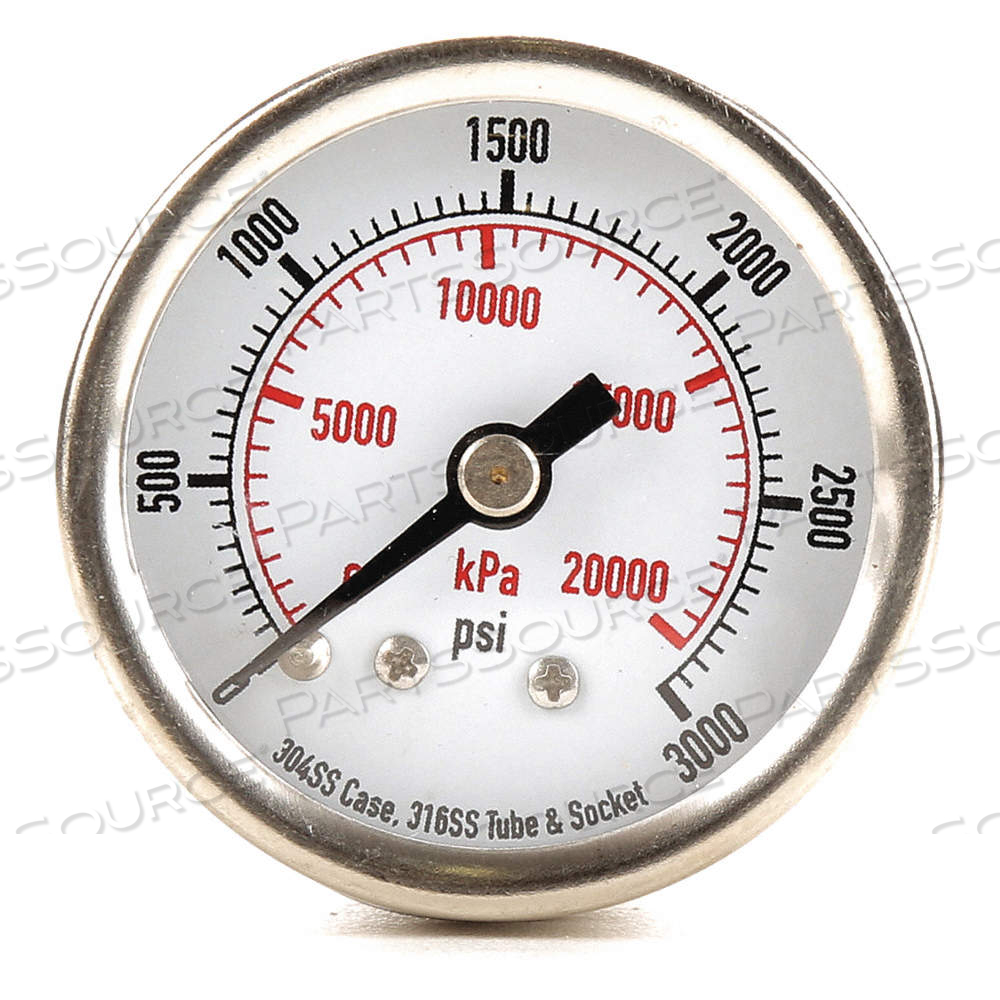 COMMERCIAL PRESSURE GAUGE, CORROSION-RESISTANT CASE, 0 TO 3,000 PSI, 1 1/2 IN DIAL by Approved Vendor COMMERCIAL PRESSURE GAUGE, CORROSION-RESISTANT CASE, 0 TO 3,000 PSI, 1 1/2 IN DIAL by Approved Vendor