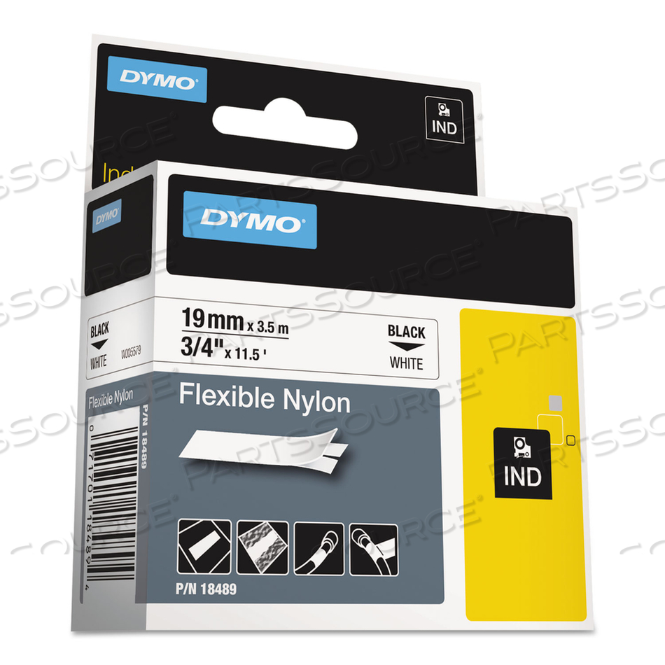 RHINO FLEXIBLE NYLON INDUSTRIAL LABEL TAPE, 0.75" X 11.5 FT, WHITE/BLACK PRINT by Dymo