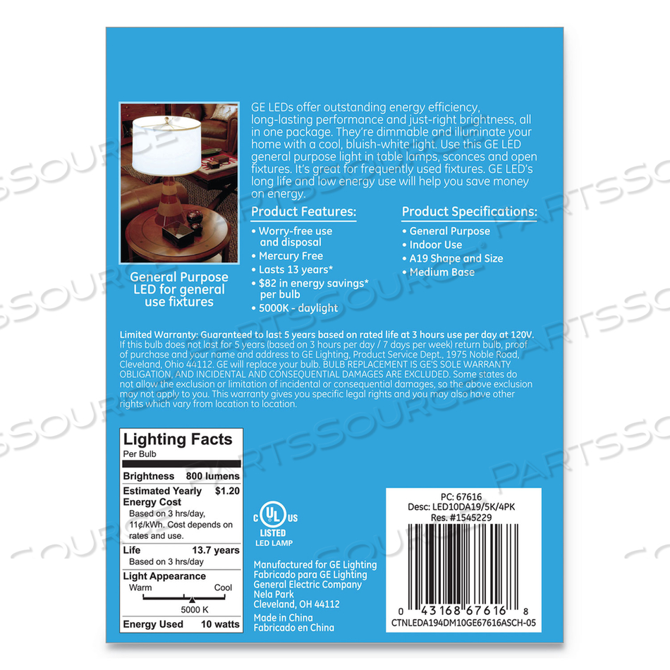 LED DAYLIGHT A19 DIMMABLE LIGHT BULB, 10 W, 4/PACK 