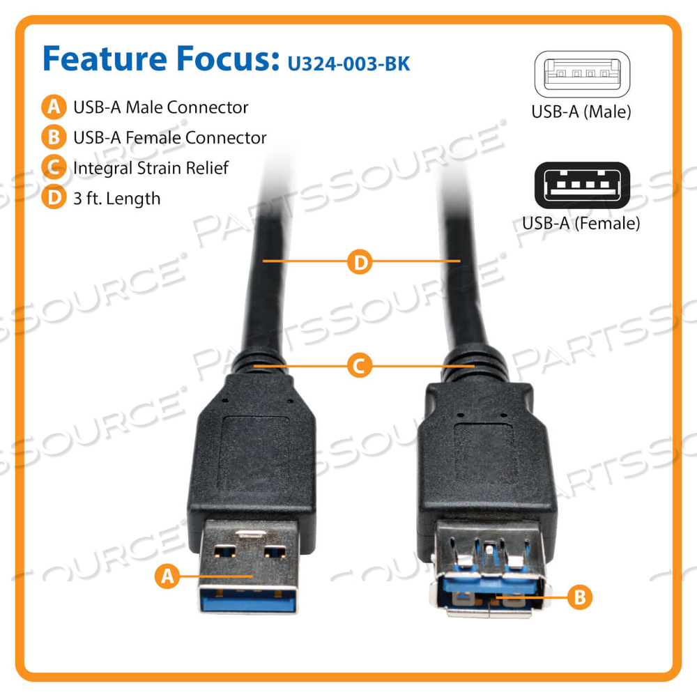 USB EXTENSION CABLE USB 3.0 USB-A SUPERSPEED M/F BLACK 3' by Tripp Lite