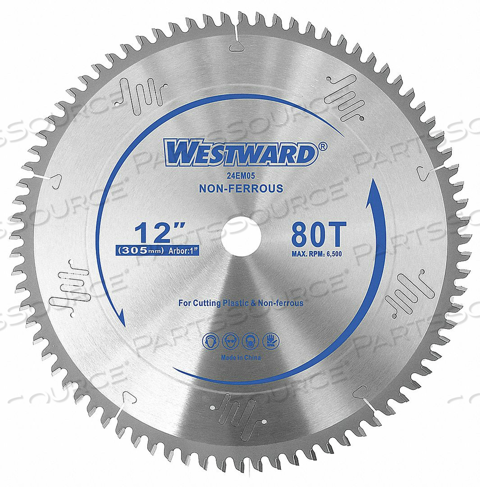 CIRCULAR SAW BLADE, BLADE DIA. 12 IN, MAX. BLADE SPEED 6,500 RPM, ARBOR SIZE 1 IN, ARBOR SHAPE ROUND, DIAMOND KNOCKOUT NO, NUMBER OF TEETH 8 by Westward CIRCULAR SAW BLADE, BLADE DIA. 12 IN, MAX. BLADE SPEED 6,500 RPM, ARBOR SIZE 1 IN, ARBOR SHAPE ROUND, DIAMOND KNOCKOUT NO, NUMBER OF TEETH 8 by Westward