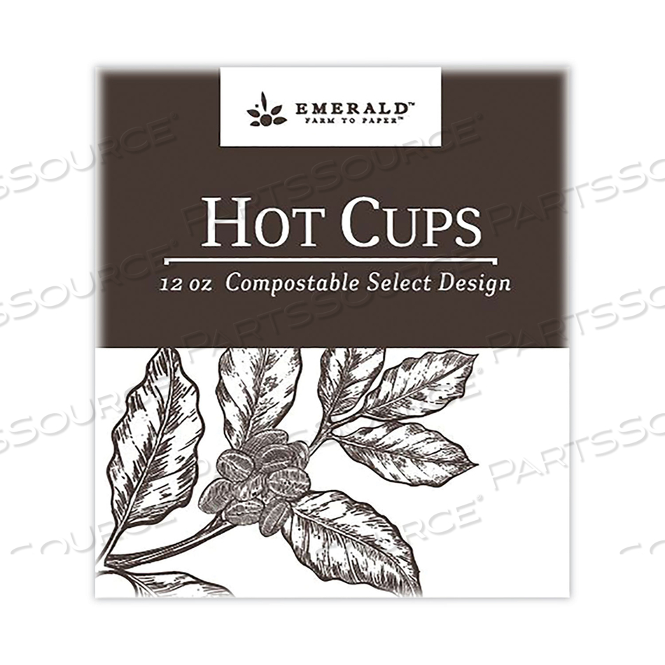 COMPOSTABLE PAPER HOT CUPS, 12 OZ, WHITE/BROWN, 50/PACK, 10 PACKS/CARTON 