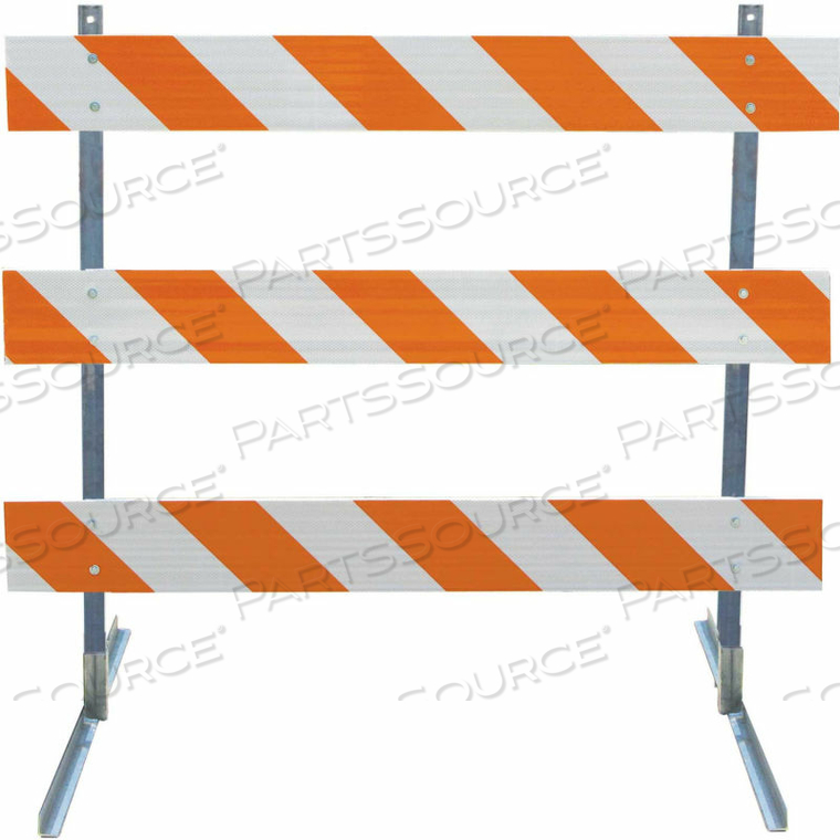 TYPE III BARRICADE W/ ANGLE IRON UPRIGHTS & FEET, HIP STRIPED SHEETING by Plasticade