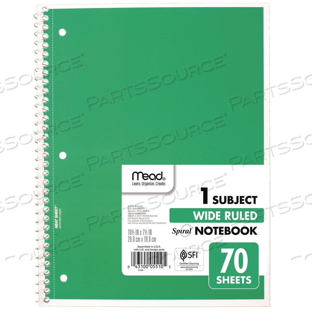 SPIRAL NOTEBOOK, 1-SUBJECT, WIDE/LEGAL RULE, RANDOMLY ASSORTED COVER COLOR, (70) 8 X 10.5 SHEETS by Mead SPIRAL NOTEBOOK, 1-SUBJECT, WIDE/LEGAL RULE, RANDOMLY ASSORTED COVER COLOR, (70) 8 X 10.5 SHEETS by Mead