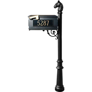 LEWISTON EQUINE MAILBOX W/CAST ALUMINUM ADDRESS PLATES, HORSEHEAD FINIAL & FLUTED BASE, BLACK by Qualarc