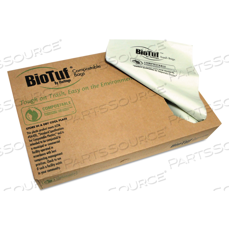 BIOTUF COMPOSTABLE CAN LINERS, 60 GAL, 0.9 MIL, 38" X 58", GREEN, 20 BAGS/ROLL by Heritage