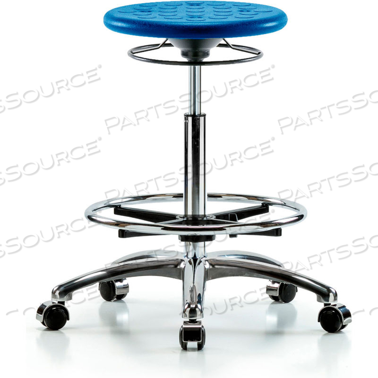 BLUE RIDGE ERGONOMICS CLEANROOM STOOL WITH CASTERS AND FOOTRING - HIGH BENCH HEIGHT - BLUE by E Com Inc BLUE RIDGE ERGONOMICS CLEANROOM STOOL WITH CASTERS AND FOOTRING - HIGH BENCH HEIGHT - BLUE by E Com Inc