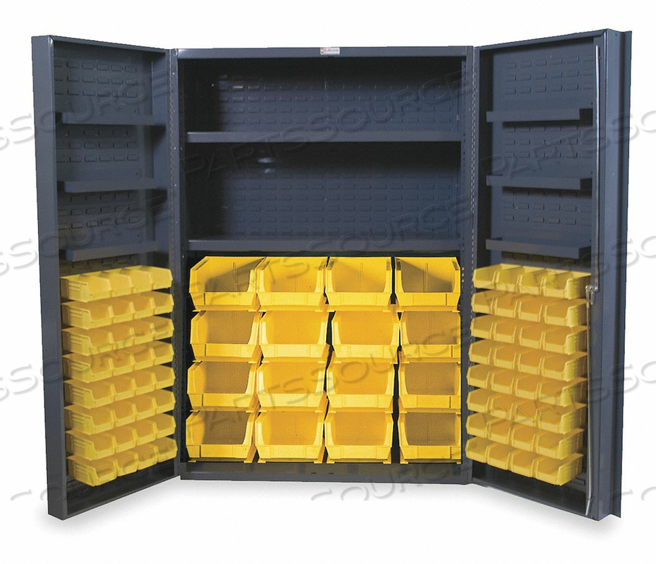 STORAGE BIN CABINET - 64 YELLOW HOOK-ON BINS & SHELVES 36"W X 24"D X 72"H by Durham Manufacturing Company STORAGE BIN CABINET - 64 YELLOW HOOK-ON BINS & SHELVES 36"W X 24"D X 72"H by Durham Manufacturing Company
