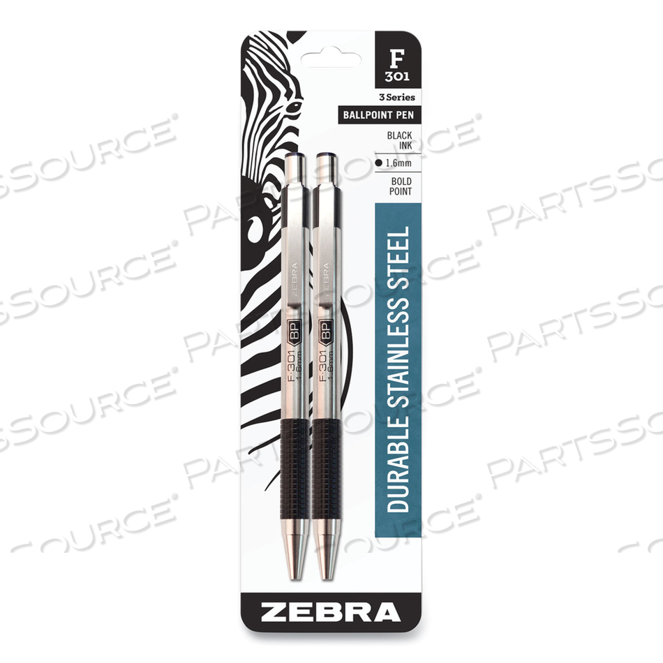 F-301 BALLPOINT PEN, RETRACTABLE, BOLD 1.6 MM, BLACK INK, STAINLESS STEEL/BLACK BARREL by Zebra Pen Corporation