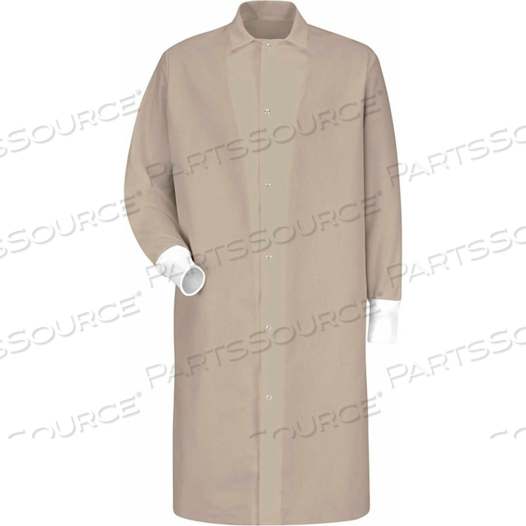 RED KAP GRIPPER-FRONT BUTCHER COAT W/KNIT CUFFS, POCKET-LESS, SPUN POLYESTER, TAN, 2XL by VF Imagewear, Inc.
