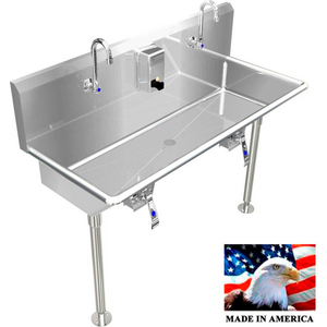 STAINLESS STEEL SINK, 2 STATION W/KNEE OPERATED FAUCETS STRAIGHT LEGS 48" L X 20" W X 8" D by Best Sheet Metal, Inc.