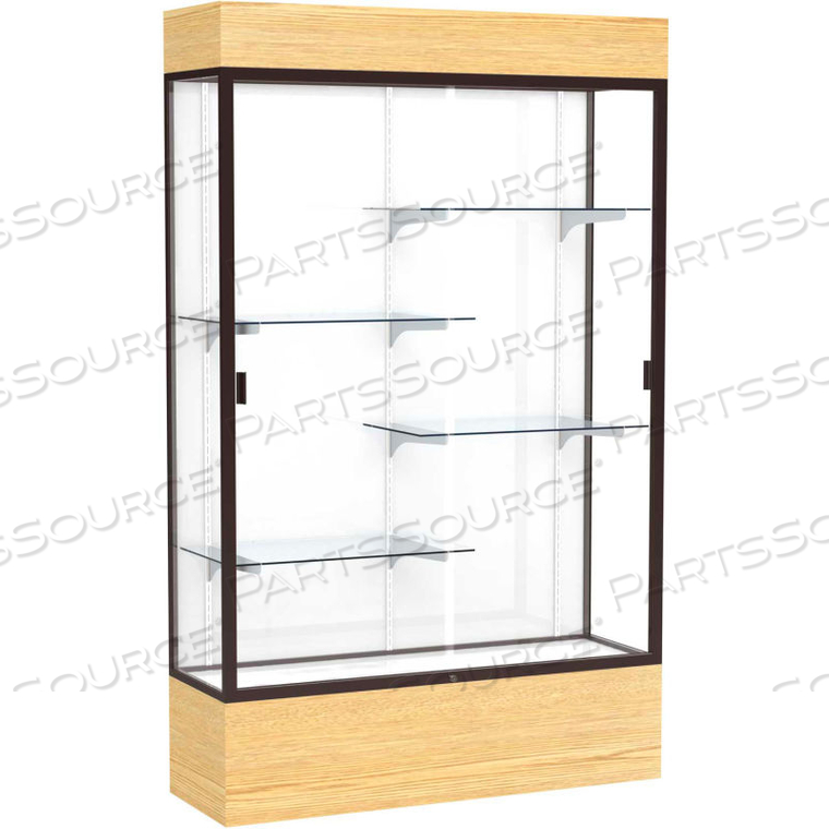 RELIANT LIGHTED DISPLAY CASE 48"W X 80"H X 16"D LIGHT OAK BASE WHITE BACK DARK BRONZE FRAME 