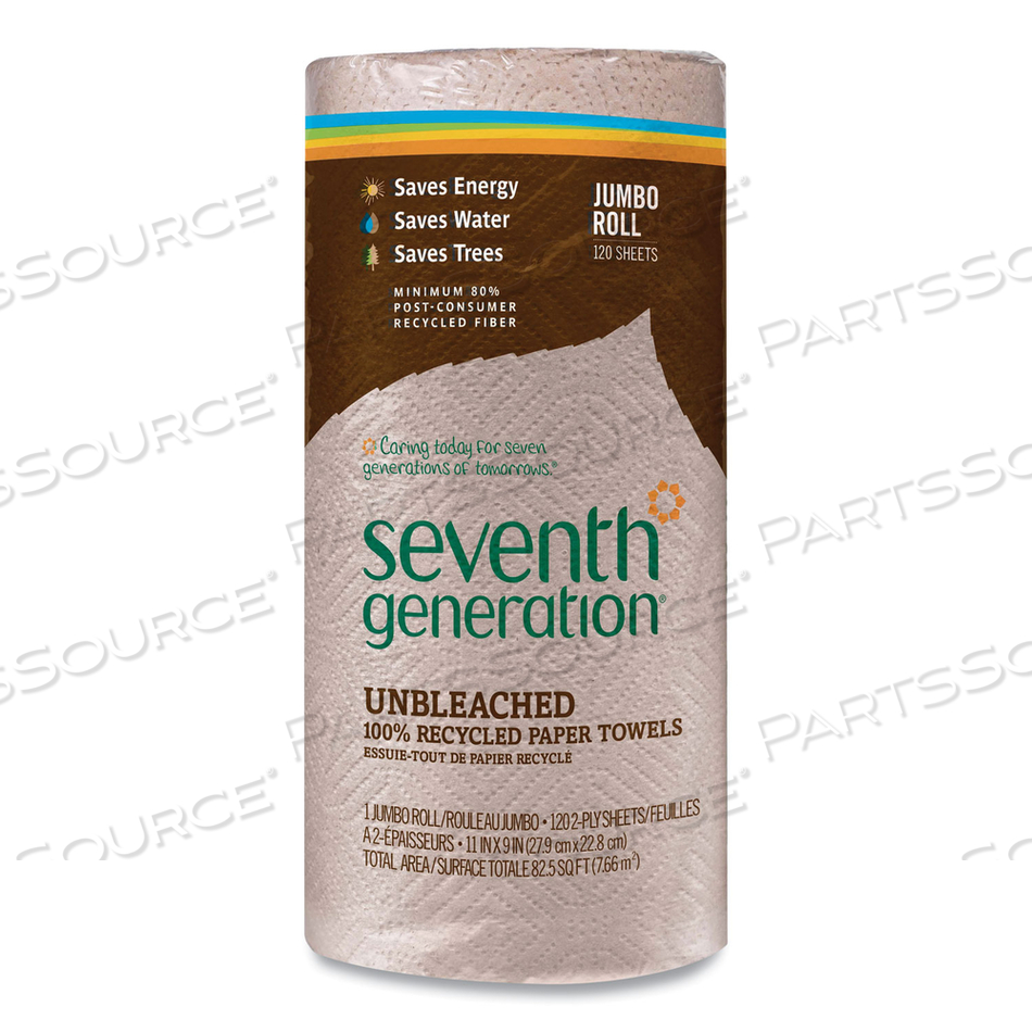 NATURAL UNBLEACHED 100% RECYCLED PAPER KITCHEN TOWEL ROLLS, 2-PLY, INDIVIDUALLY WRAPPED, 11 X 9, 120/ROLL by Seventh Generation