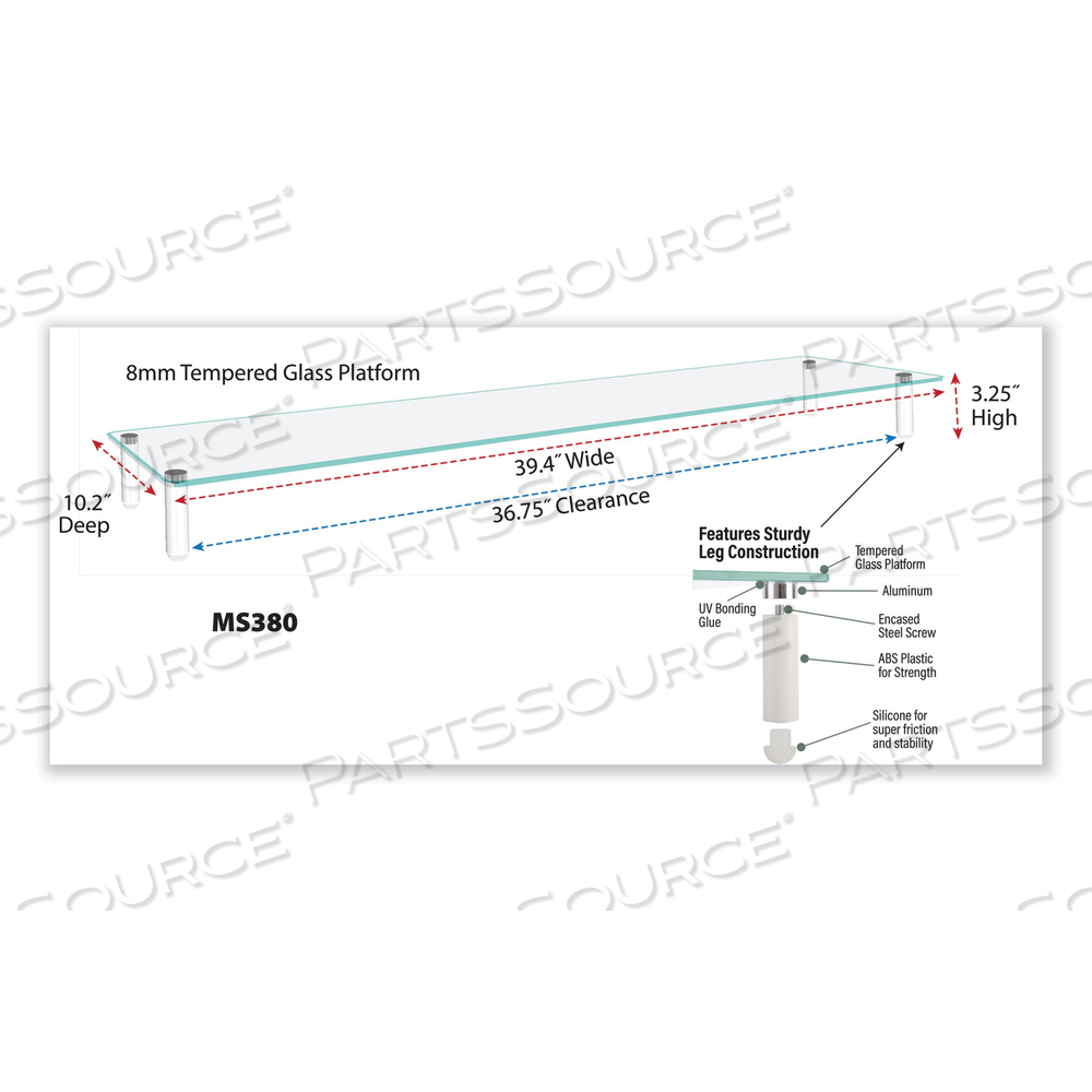 EXTRA WIDE GLASS MONITOR RISER, 39.4" X 10.2" X 3.25", CLEAR, SUPPORTS 60 LBS by Kantek