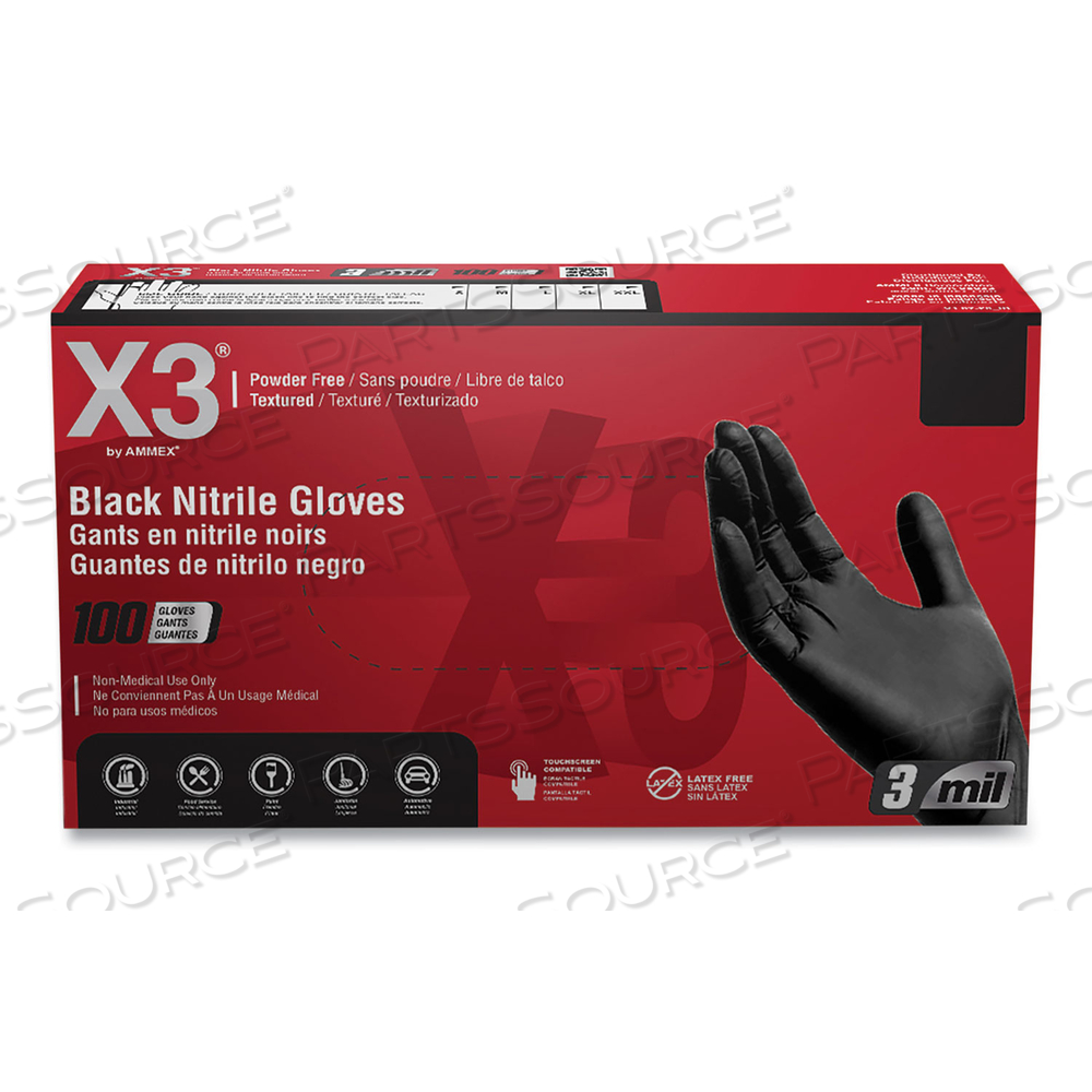 BX34 POWDER-FREE INDUSTRIAL GRADE NITRILE GLOVES, BLACK, 3 MIL, TEXTURED, SMALL by Ammex