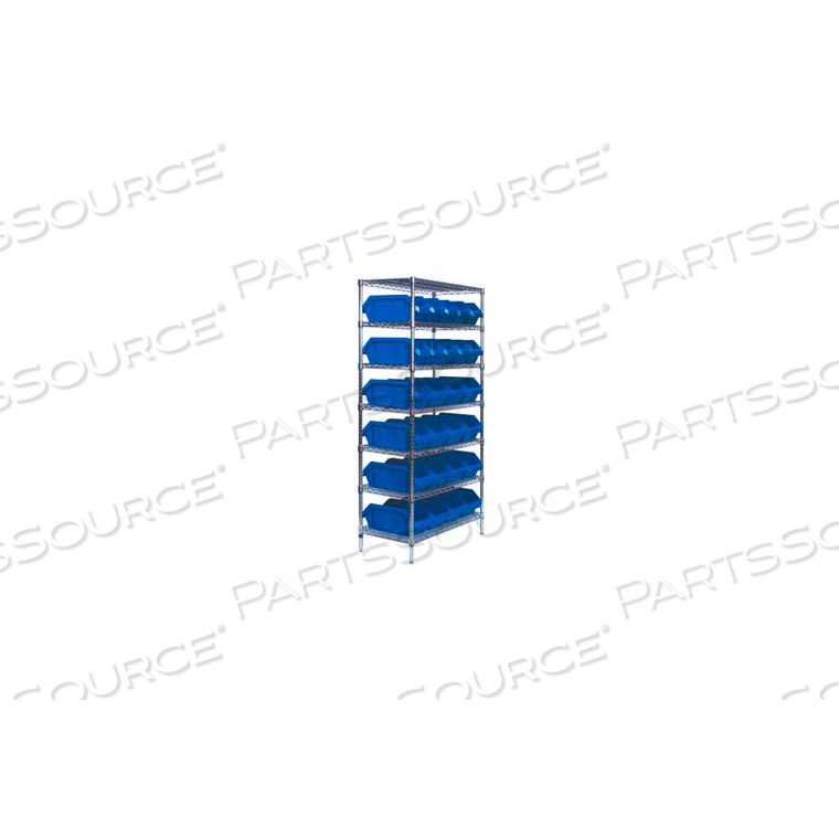 W7-12-26 CHROME WIRE SHELVING WITH 26 QUICKPICK DOUBLE OPEN BINS BLUE, 18X36X74 by Quantum Storage Systems W7-12-26 CHROME WIRE SHELVING WITH 26 QUICKPICK DOUBLE OPEN BINS BLUE, 18X36X74 by Quantum Storage Systems