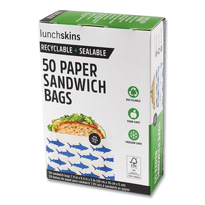 PEEL AND SEAL SANDWICH BAG WITH CLOSURE STRIP, 6.3 X 2 X 7.9, WHITE WITH BLUE SHARK, 50/BOX by lunchskins