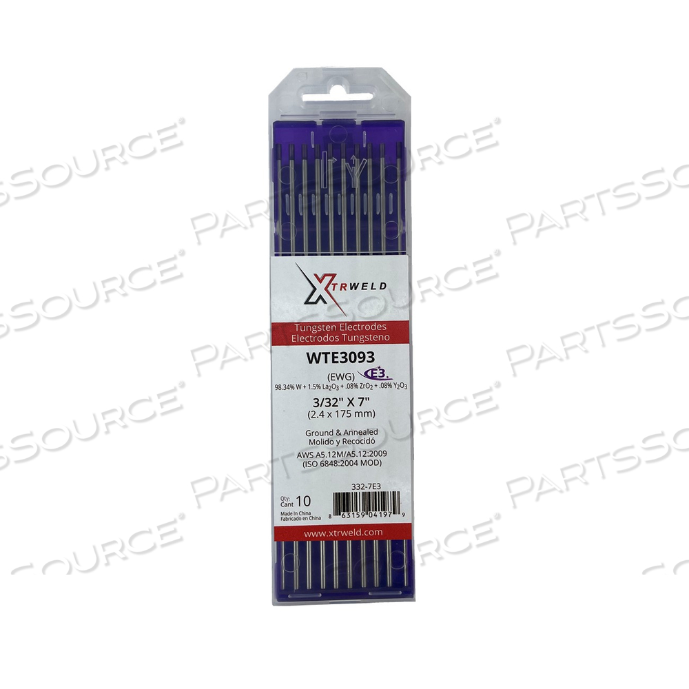 WTE3093 XTRWELD TUNGSTEN ELECTRODE, GROUND, E3 (PURPLE), 3/32" X 7", 10 PC by XTRweld